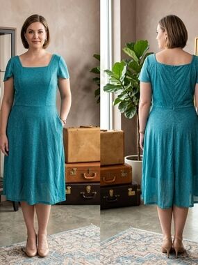 Square-Neck Teal Midi Dress with Short Sleeves